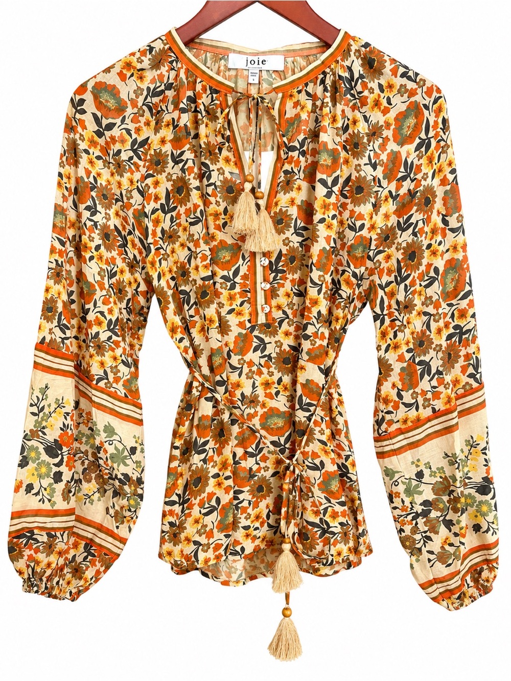Joie Floral Tassel Tie Blouse Women's S NWT Boho Belted